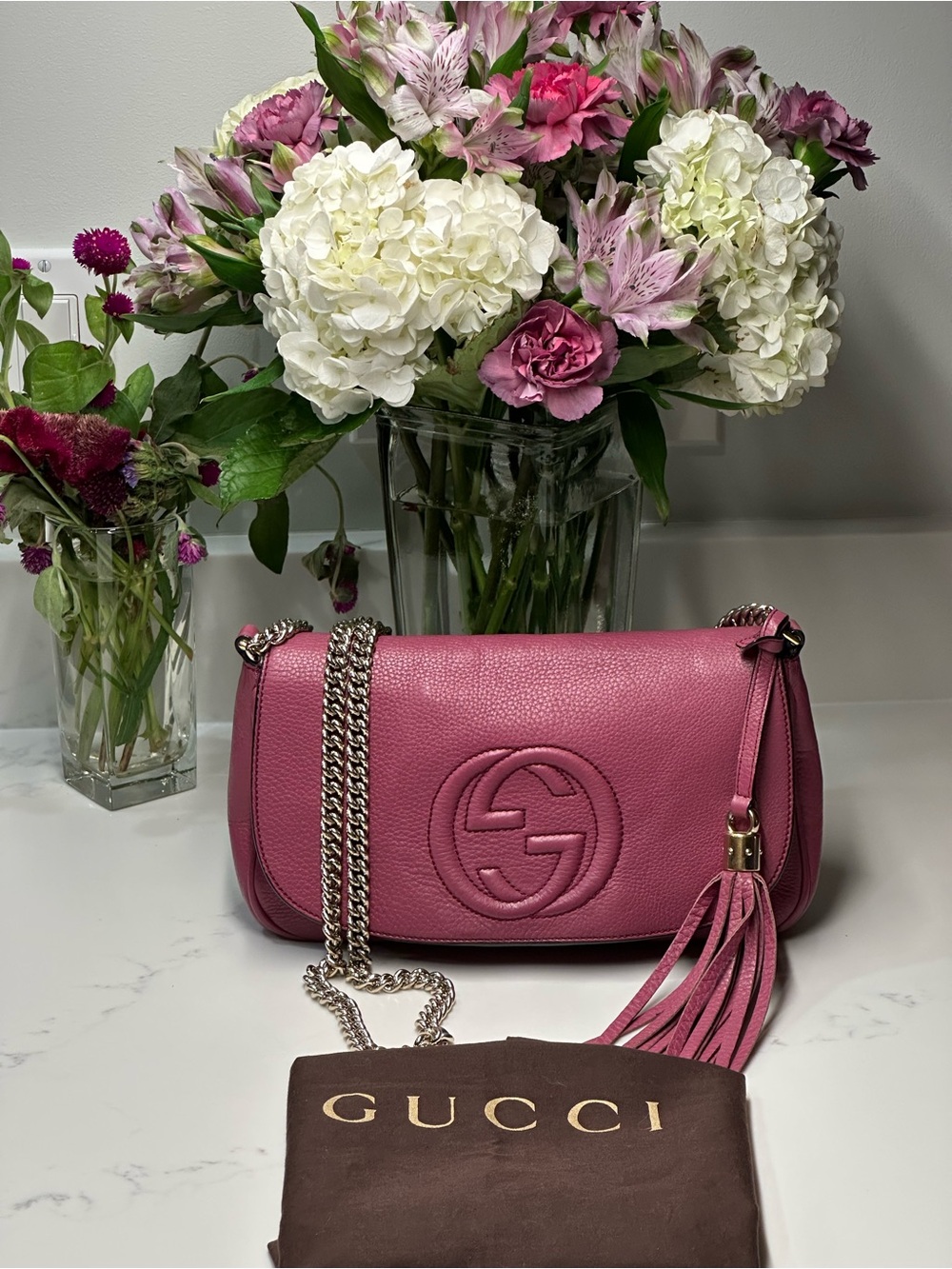 Gucci Fuchsia Soho Leather Shoulder Bag with Tassel + Dust Bag + COA